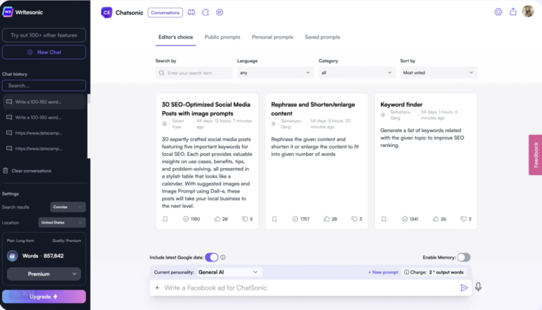 Writesonic interface showing AI content prompts for SEO, rephrasing, and keyword research.